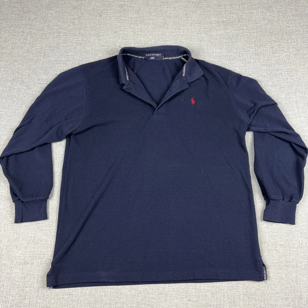 Vintage Polo Sport Ralph Lauren 80s Shirt Mens XL Blue Cotton Knit Long Sleeve